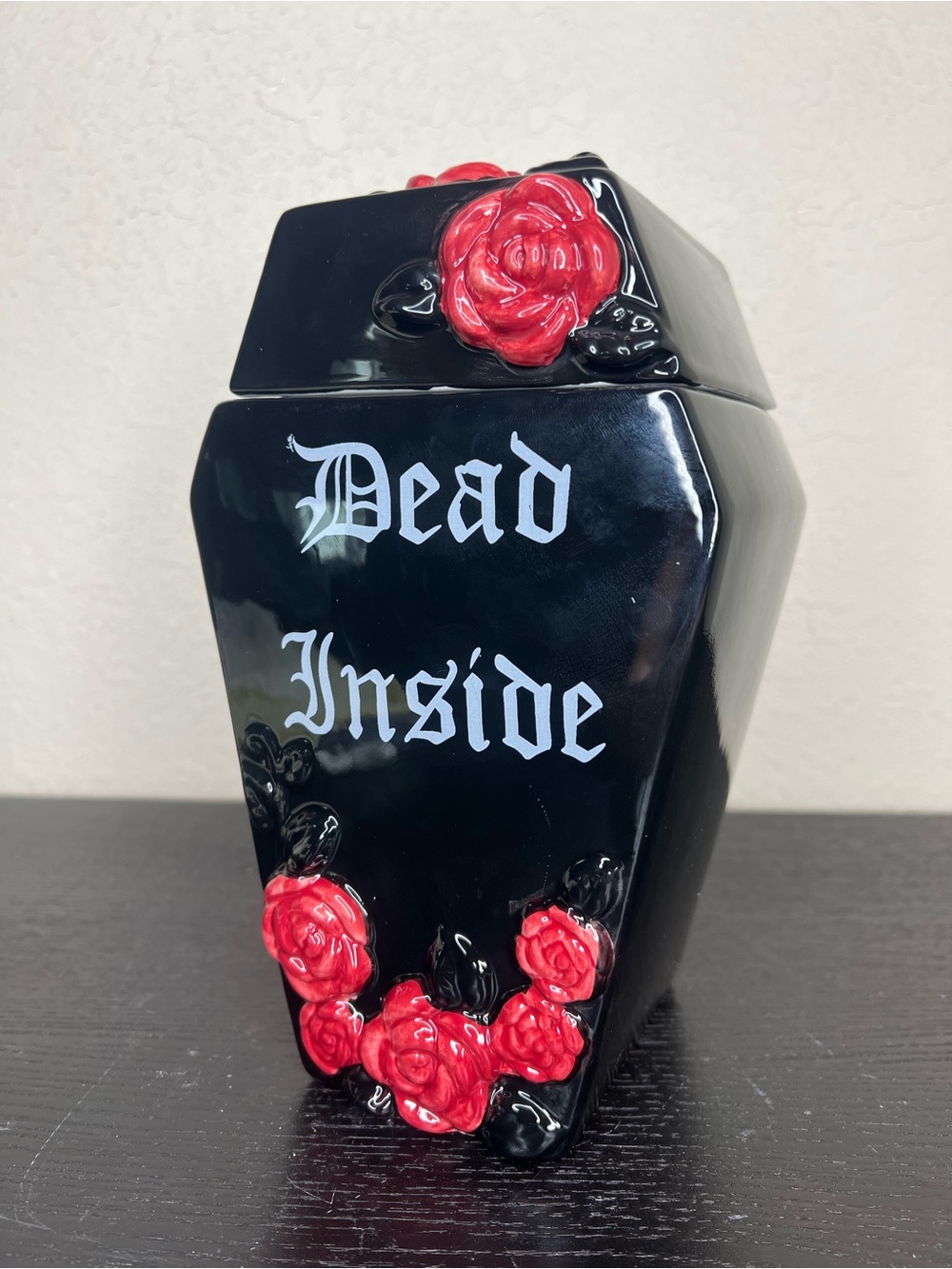 NEW Midnight Spell 8.5" Halloween Ceramic 'Dead Inside' Coffin Cookie Jar